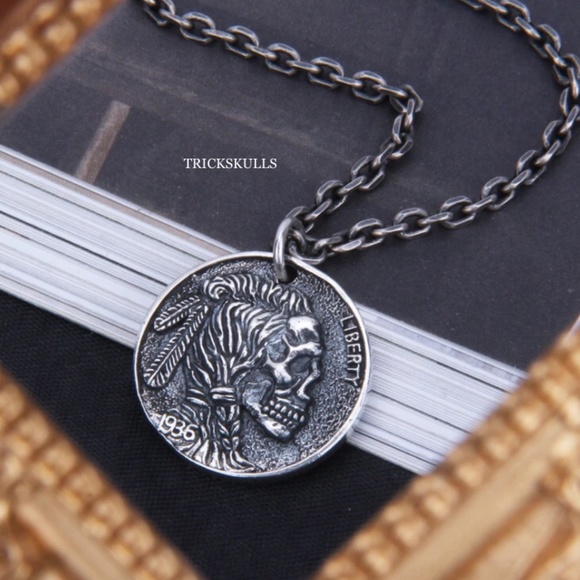 Buffalo Koi Skull Head Coin Charm Pendant Necklace Modern Vintage Streetwear NEW - Picture 5 of 11